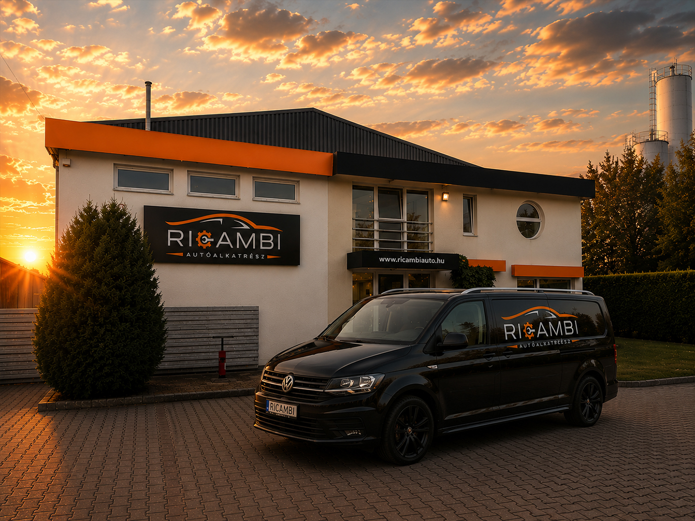 Ricambi Auto szállító furgon a raktár előtt